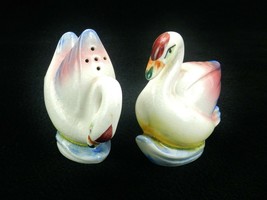 Porcelain Salt And Pepper Shakers, Swimming Swans, Cork Stoppers, Vintage Japan - £19.09 GBP