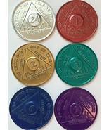 6 AA Tokens Medallions Chips Aluminum Set 1 2 3 6 9 Month &amp; 24 Hour Hour... - £4.69 GBP