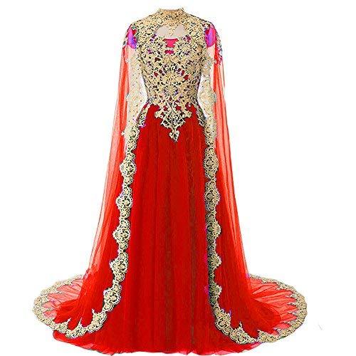 Kivary Plus Size Gold Lace Vintage Long Prom Evening Dress Wedding Gown Cape Red