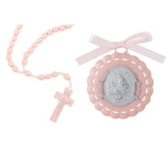 Girl&#39;s Baptism Gift Pink Guardian Angel Crib Medal &amp; Pink Wooden Rosary ... - $12.99