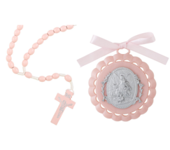 Girl&#39;s Baptism Gift Pink Guardian Angel Crib Medal &amp; Pink Wooden Rosary ... - £10.14 GBP