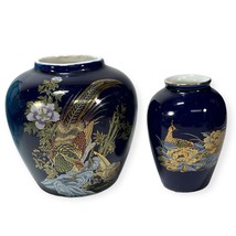 VTG Peacock Cobalt Blue Glass Vase Gold Blue Asian Porcelain Pheasant Bird 8 in - £19.69 GBP