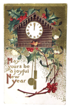 May Yours be a joyful New PC Year Cuckoo Clock Holly Berries Gold Trim Embossed - £5.54 GBP