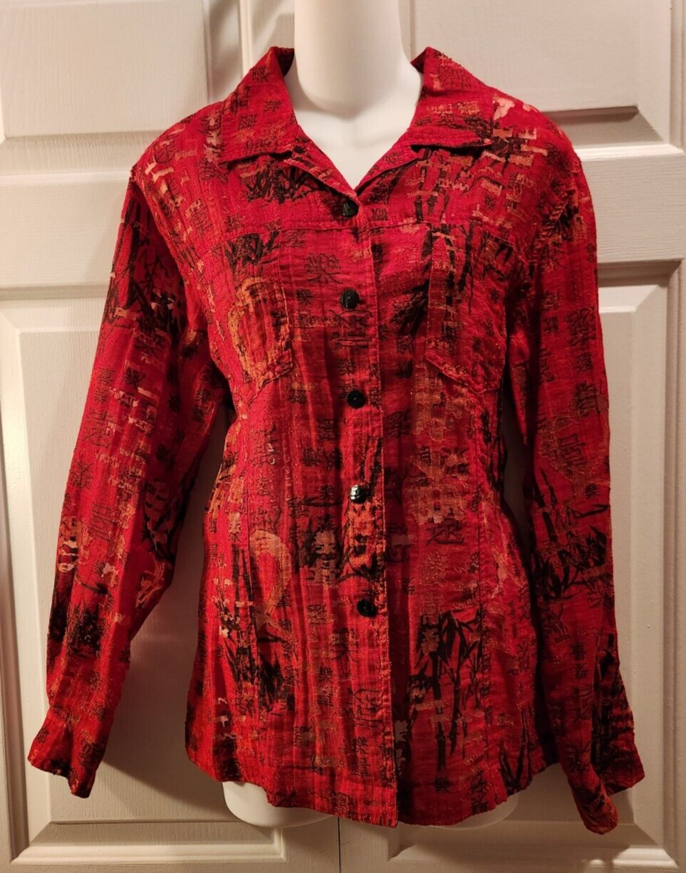 Primary image for Vtg Chicos Design Sz L Large Button Down Blouse Asian Print Red Semi Sheer