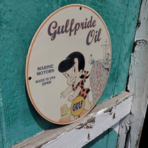 Vintage 1949 GULF Gulfpride Marine Motor Oil Porcelain Gas &amp; Oil Pump Sign - £98.32 GBP