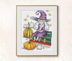 Samhain Cross Stitch Halloween pattern pdf - Pumpkin Embroidery little witch  - £4.78 GBP