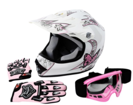 TCMT DOT Youth Kids Motorcycle Helmet Pink Butterfly White w/ Goggles Gl... - $52.95