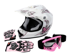 TCMT DOT Youth Kids Motorcycle Helmet Pink Butterfly White w/ Goggles Gloves XL - £41.39 GBP