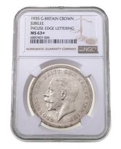 1935 G. Britain Crown Jubilee Coin, Incuse Edge Lettering MS-63+, KM 842 - $453.09