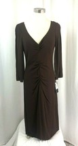 NWT Nicole Miller Dark Brown 3/4 Sleeve V Neck Ruchetted Front Dress Size 8 - £30.08 GBP