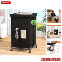 Elegant Black 150L Rolling Laundry Hamper with Mesh Pocket &amp; Oxford Fabric - $70.24