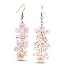 Charming Pink Cluster of Sparkling Crystals with Pearls Dangle Earrings - £16.44 GBP