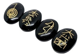 Black Tourmaline Reiki Usui Set Carved Symbol Velvet Bag Gemstone Palm H... - $15.95