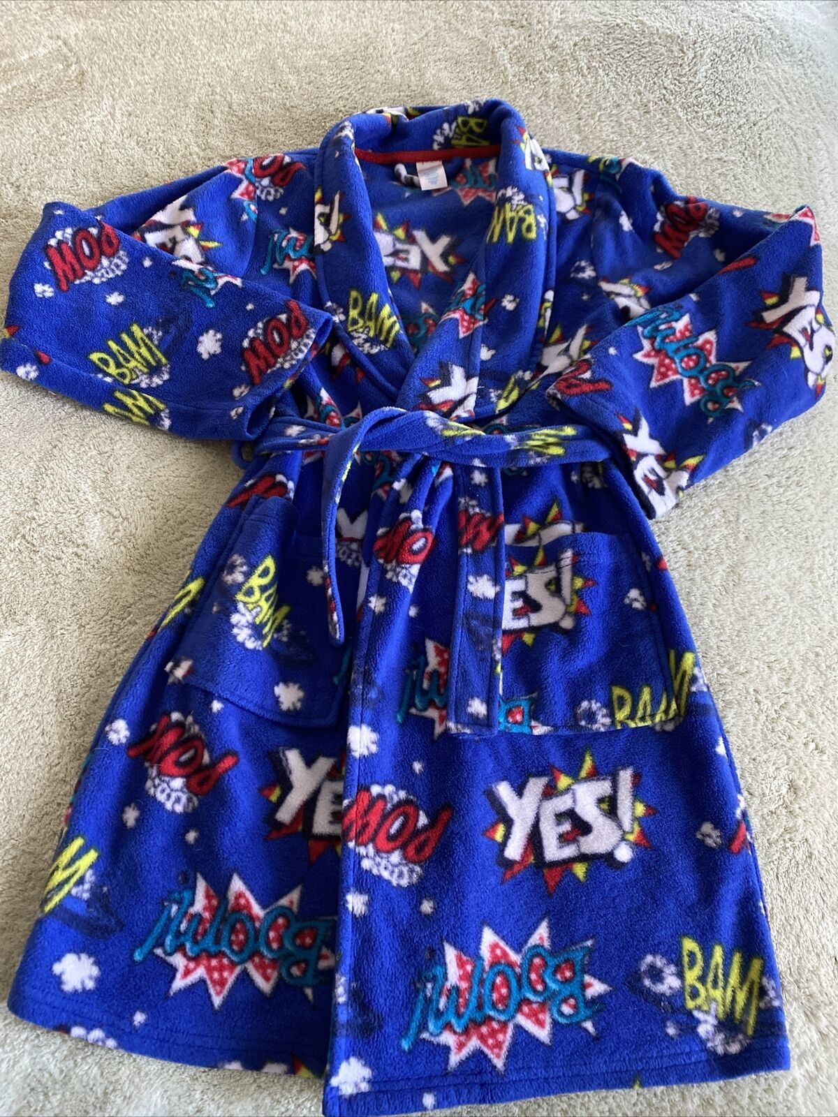 Childrens Place Boys Blue White Comics BOOM BAM YES! Fleece Long Sleeve Robe 14 - $17.15