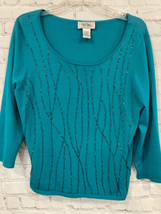 Bob Mackie Studio Womens Large Pullover Sweater Teal Green Beaded Long S... - $19.78