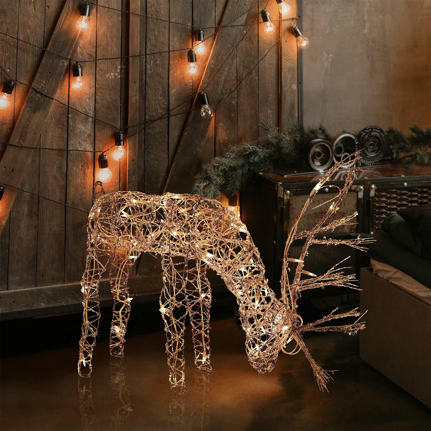 Alpine Corporation Outdoor/Indoor Rattan Grazing Reindeer with Lights - Christma