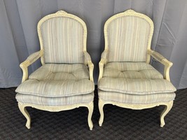 Vintage ARM CHAIR PAIR French Provincial wood upholstered set side louis... - $499.99