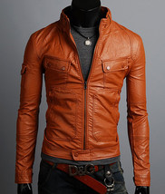 Brown Leather Jacket Men Trendy Fashion Tab Collar Two Pockets and Front... - $2,546.82 MXN