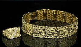 Mens 2pc Nugget Design 15mm Bracelet Icy CZ Ring Set 14k Gold Plated Hip Hop - £11.25 GBP