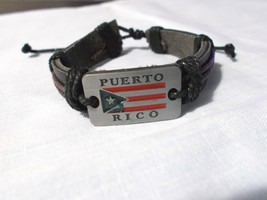 BLACK LEATHER PUERTO RICO METAL FLAG w TEXT BLACK and BROWN CORD ADJ BRA... - $91.86 MXN