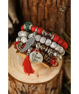 Fiery Red 4pcs Boho Disc Tassel Wing Pendant Beaded Bracelet Set - $18.97