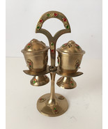 Vintage brass salt &amp; pepper shakers with stand  - €34,22 EUR