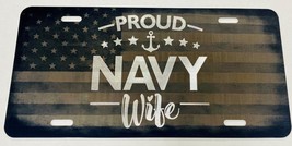 Combo Laser &amp; Diamond Engraved Proud Navy Wife Car Tag Vanity License Plate Gift - £15.89 GBP