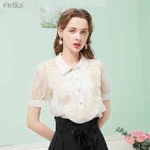 ARTKA 2021 Summer New Women Blouse Elegant Vintage Folds Ruffle Chiffon Shirts P - £153.63 GBP