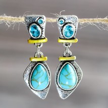 Vintage Tibetan Silver Color Turquoises Earring Blue Stone Chain Dangle Earrings - £7.16 GBP