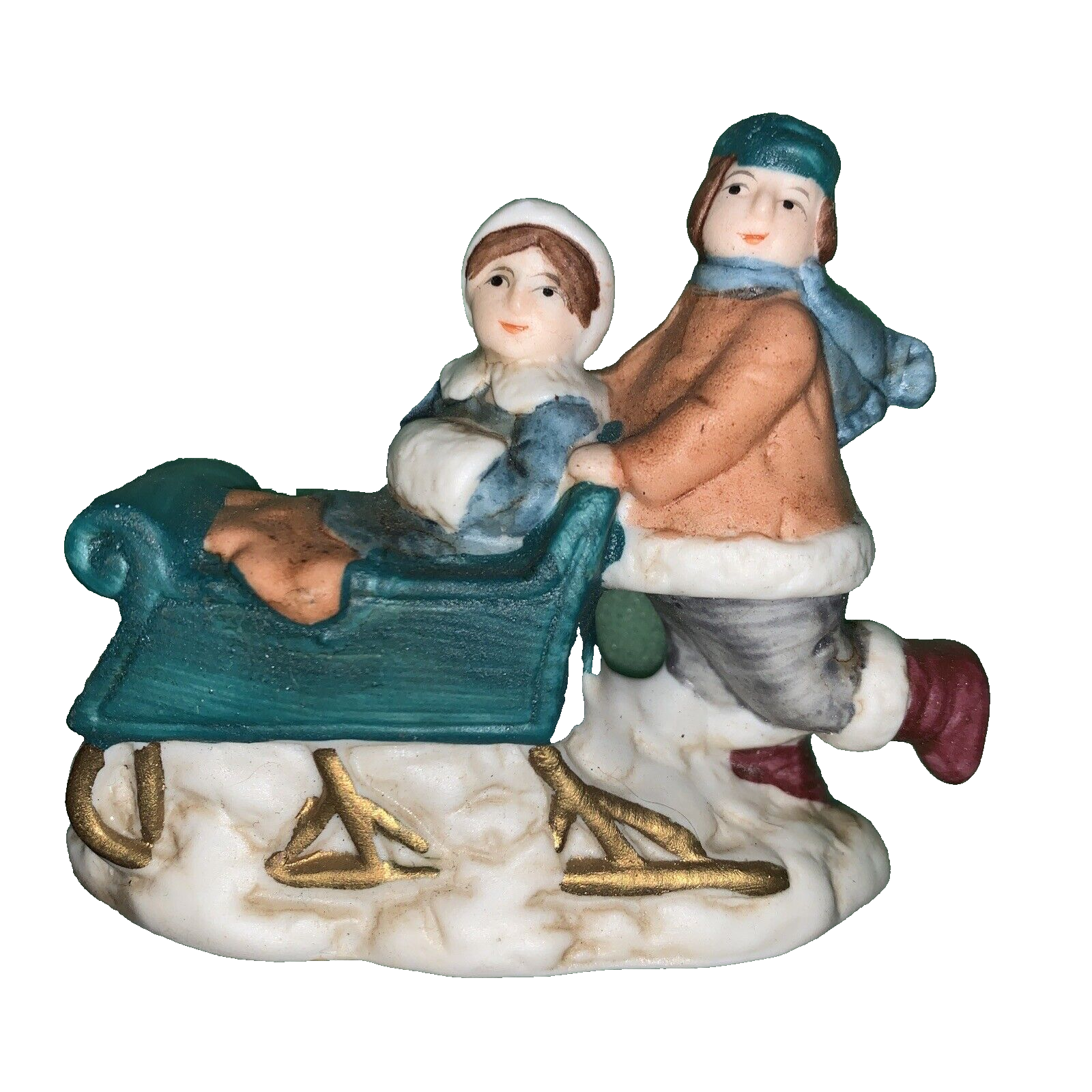 Christmas Village Ornament People On Sled Made in Taiwan - $14.73