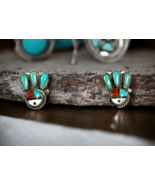 Zuni Sun Face Inlaid Turquoise Coral Vintage Sterling Silver Clip On Ear... - $78.53