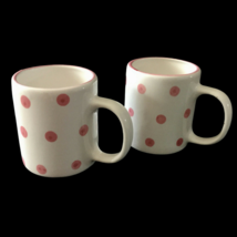 Vintage 80s Pair of Polka Dot Ceramic Coffee Mug Tea Cocoa Cup Pink White - £25.29 GBP