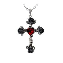 Alchemy Gothic P758  Black Rosifix Necklace Pendant Red Crystal Heart Cross Rose - $62.00