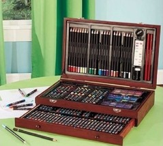 Wooden Case 142 Pc Art Set Crayons Pencils Oils Watercolors Palettes Eraser  - £27.88 GBP