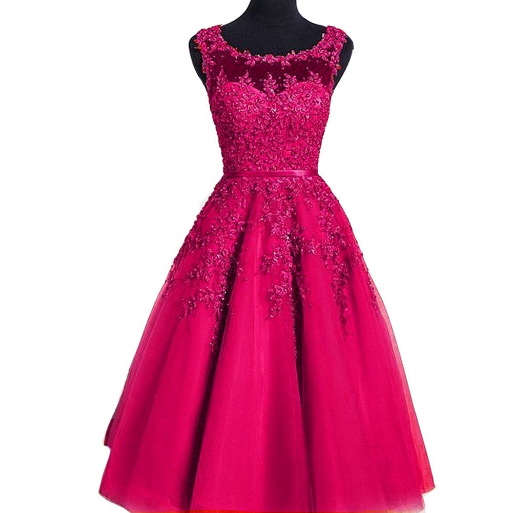 Kivary Sheer Tulle Bateau Tea Length Short Lace Pearls Prom Homecoming Dresses F