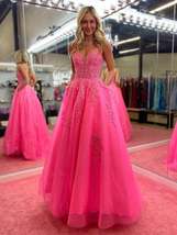 V Neck Hot Pink A Line Lace Long Prom Dress with Pocket - £128.96 GBP