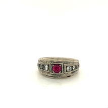 Vintage Signed Sterling Bezel Ruby Stone with CZ Accent Old Band Ring sz 8 1/2 - £35.91 GBP
