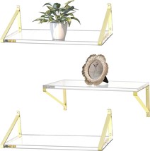 Three Gold Shelves: Crystal-Clear Acrylic Floating Shelves, Gold Shelves... - £57.38 GBP