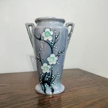 Vintage Hand Painted Japan Moriage Vase Cherry Blossom pattern w handles Blue - £15.53 GBP