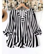 Black and White Stiped Spring or Summer V Neck Mid Sleeve Long Plus Size Top - $47.95