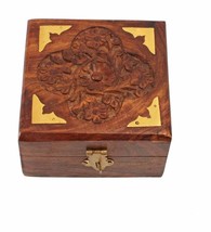 Wooden Jewellery Box for Women Jewel Organizer Square Carving Brass Corner 4in - £25.47 GBP