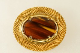 Vintage Costume Jewelry Gold Mesh Wrap Oval Brooch Pin Glass Brown Agate Cab - £15.56 GBP