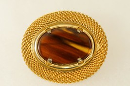 Vintage Costume Jewelry Gold Mesh Wrap Oval Brooch Pin Glass Brown Agate Cab - £14.78 GBP