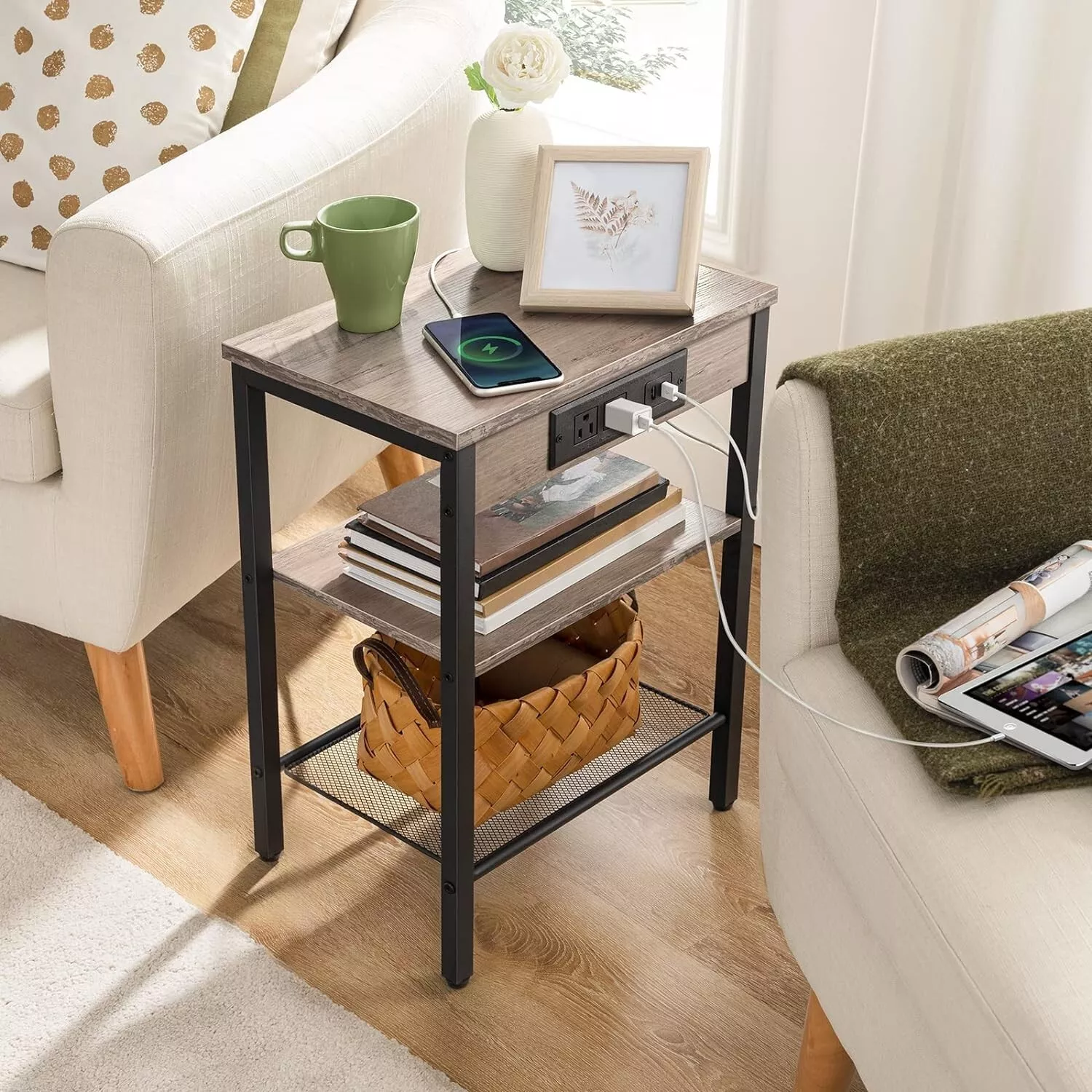 Light Wood Tone Bedside End Table Nightstand with Charging Station Organ... - $44.99