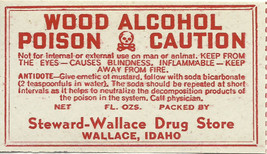 1 Vintage Pharmacy Label Wood Alcohol Poison Steward-Wallace Drug Wallace Idaho - £34.24 GBP