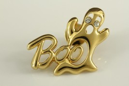 Vintage Costume Jewelry Halloween Gold Tone Rhinestone Ghost Boo Brooch Pin - £15.81 GBP