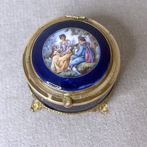 Vintage Victorian Lovers Czechoslovakia Hand Painted Mirrored Jewelry Box - $23.27