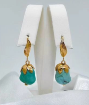 USSR Gold Earrings 583 14KT Turquoise Dangle Earrings Solid Rose Gold Vi... - $599.00