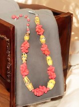 Vintage Pink Coral Necklace With Barrel Wooden 15” Long Signed Japan - $39.99