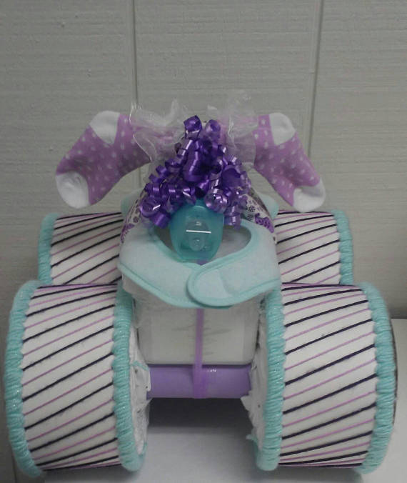 Lilac Purple Mint Green Purple Themed Baby Shower Four Wheeler Diaper Cake Gift